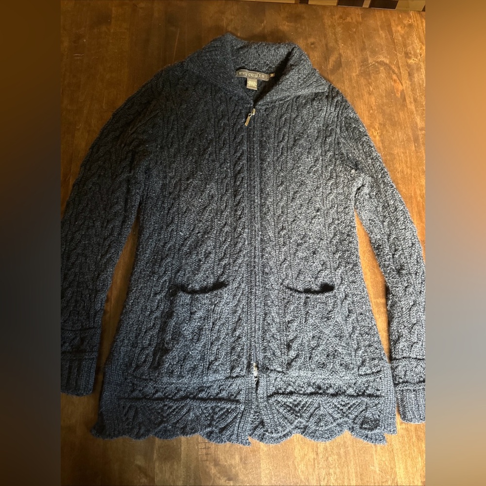 Inis Crafts Ireland Sweater 100% Merino Wool‎ Gray Medium Fisherman Fall Knit